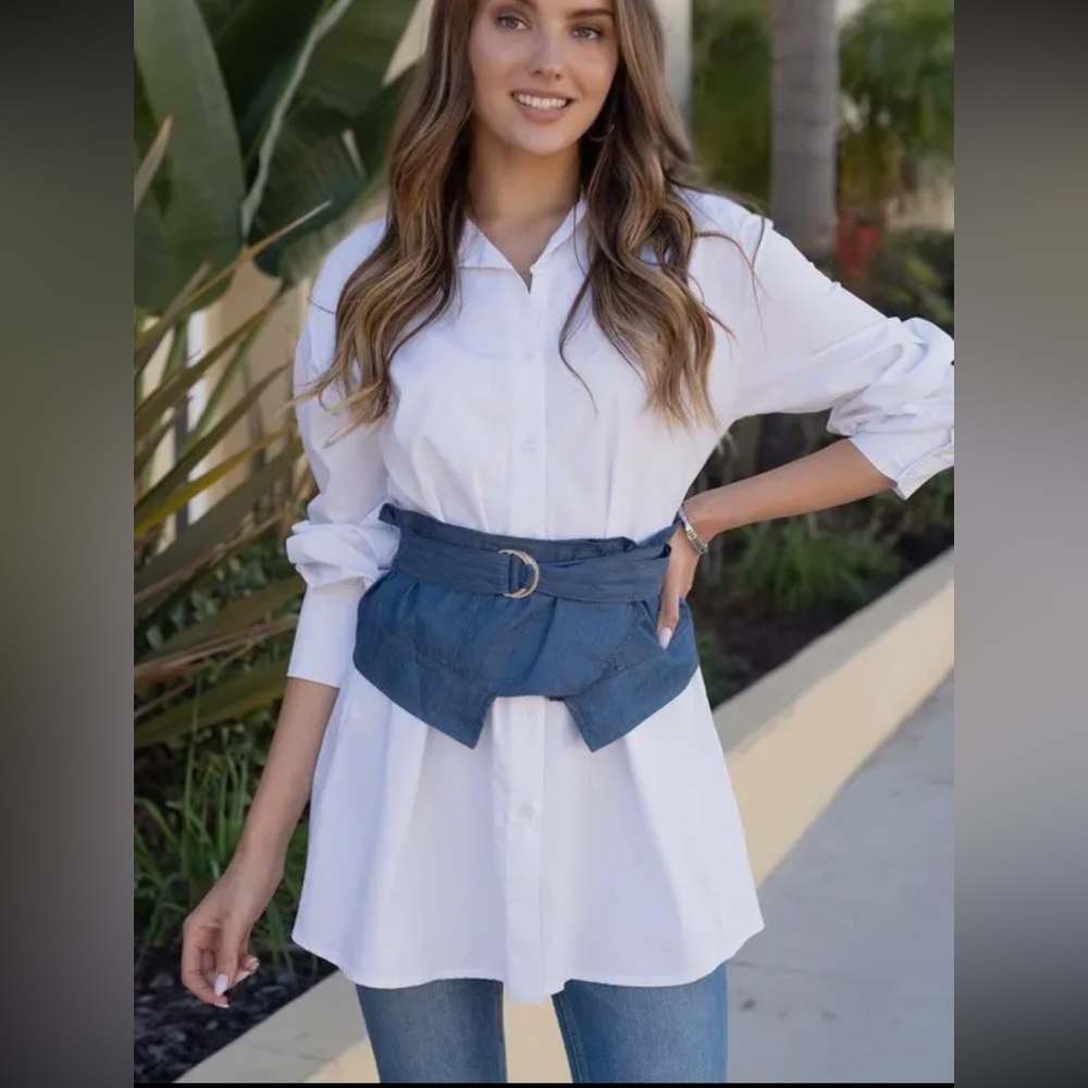 MADE IN ITALY Tunic top with denim waist corset belt detail